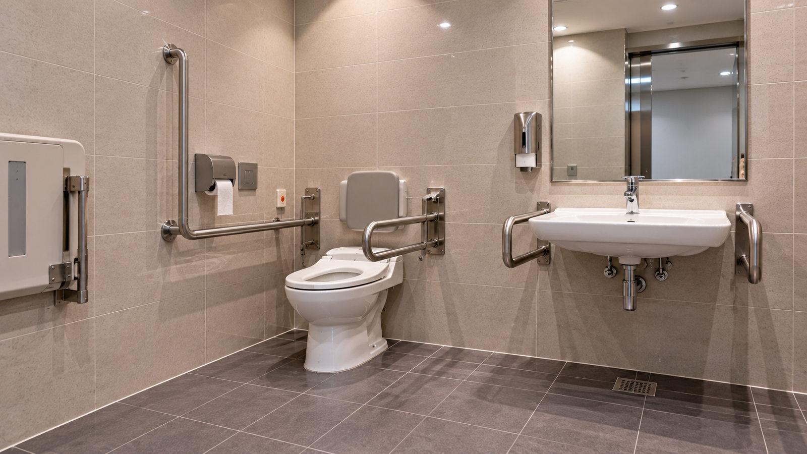 Accessible public restroom with grab bars in a modern South Korean facility.