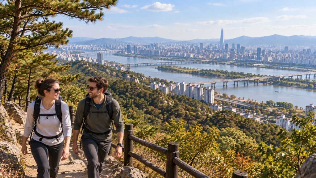 Travelers enjoying an easy Seoul hike with views of the Han River