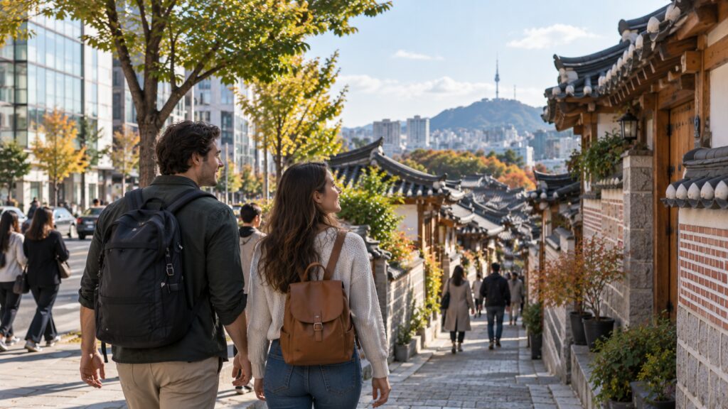 Travelers walking from central Seoul toward the hanok streets of Bukchon