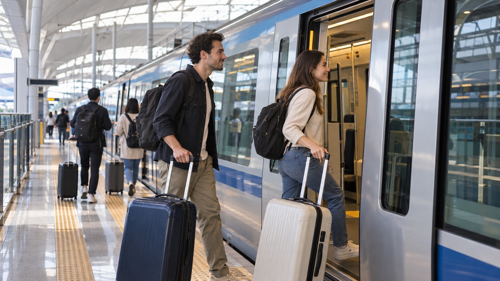 Travelers boarding an airport express train from Incheon Airport to Seoul
