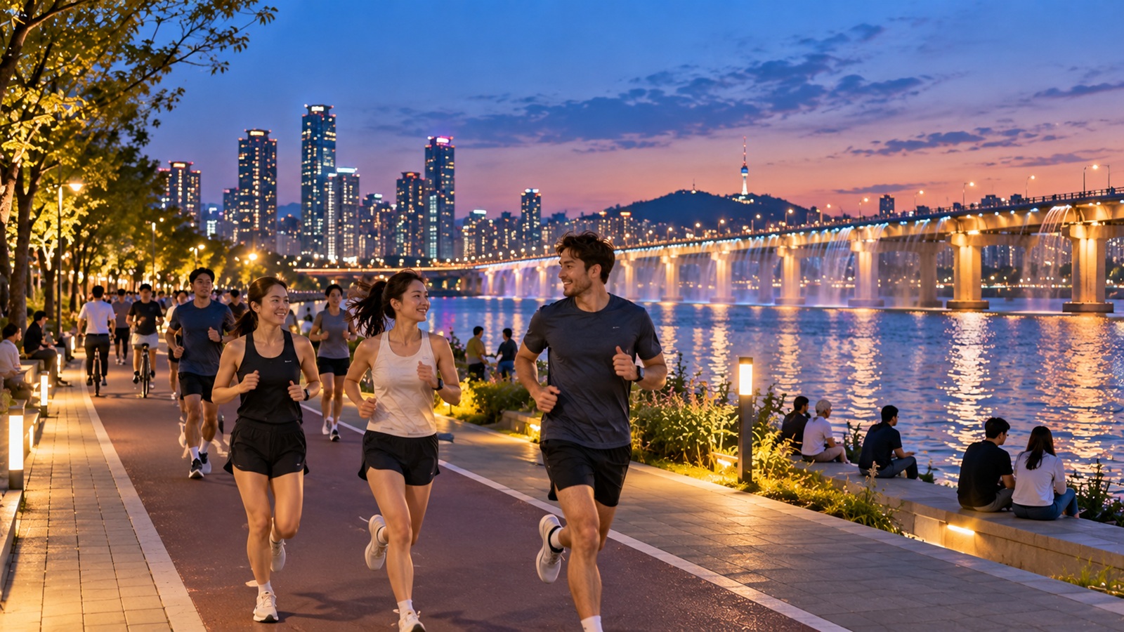 Evening runners beside the Han River at Banpo in Seoul