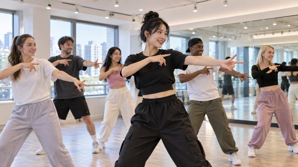 Beginner travelers following a dance instructor during a K-pop dance in Seoul