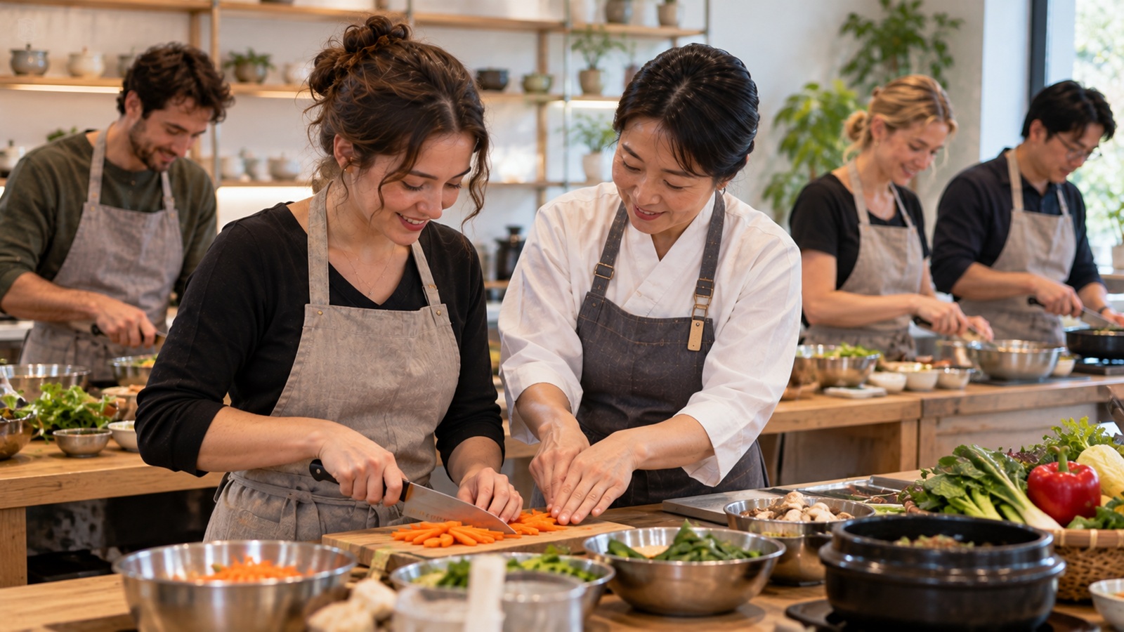 Beginner traveler learning Korean food preparation from an instructor in Seoul