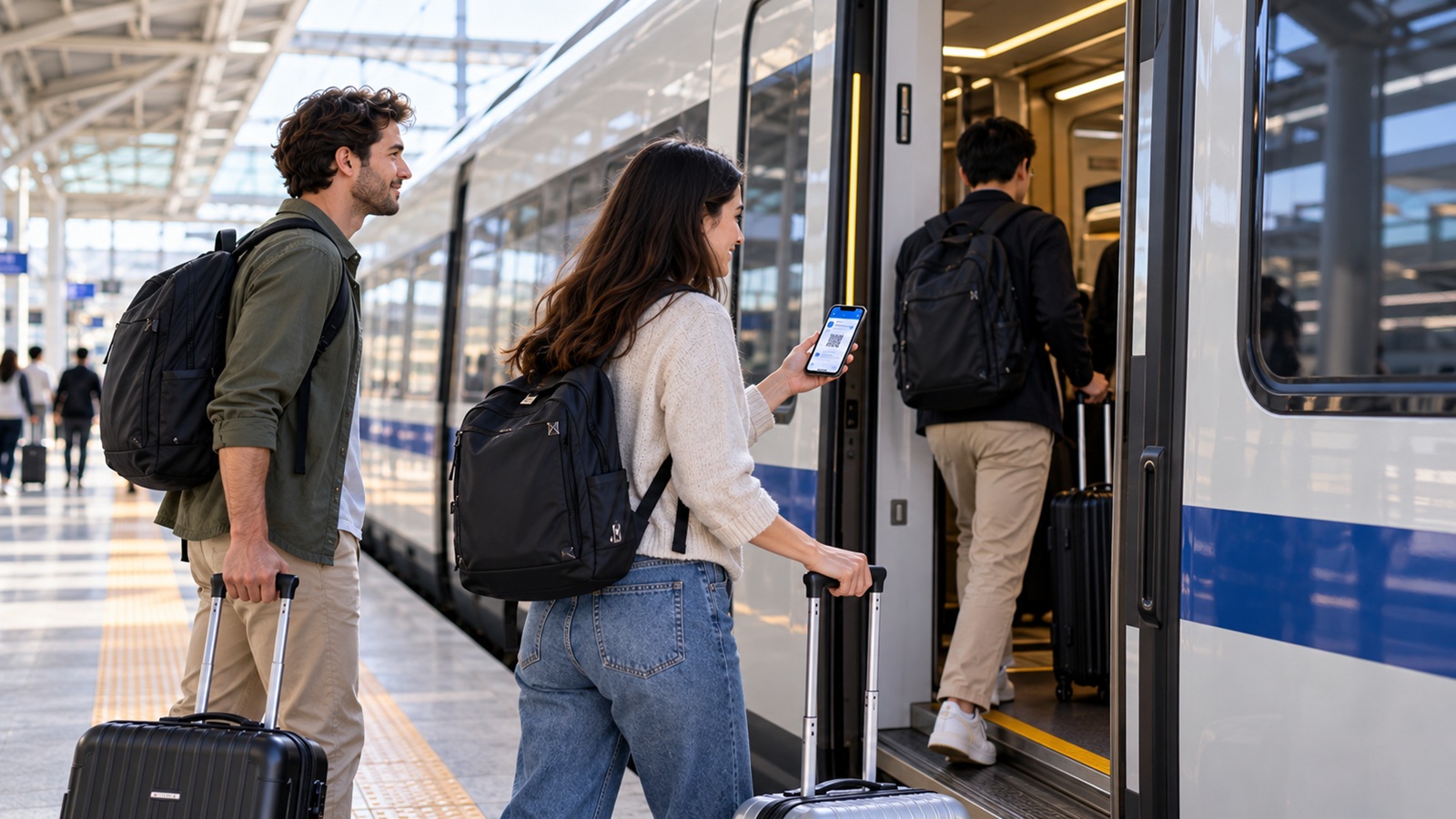 Travelers boarding a high-speed train at a railway platform in Korea.