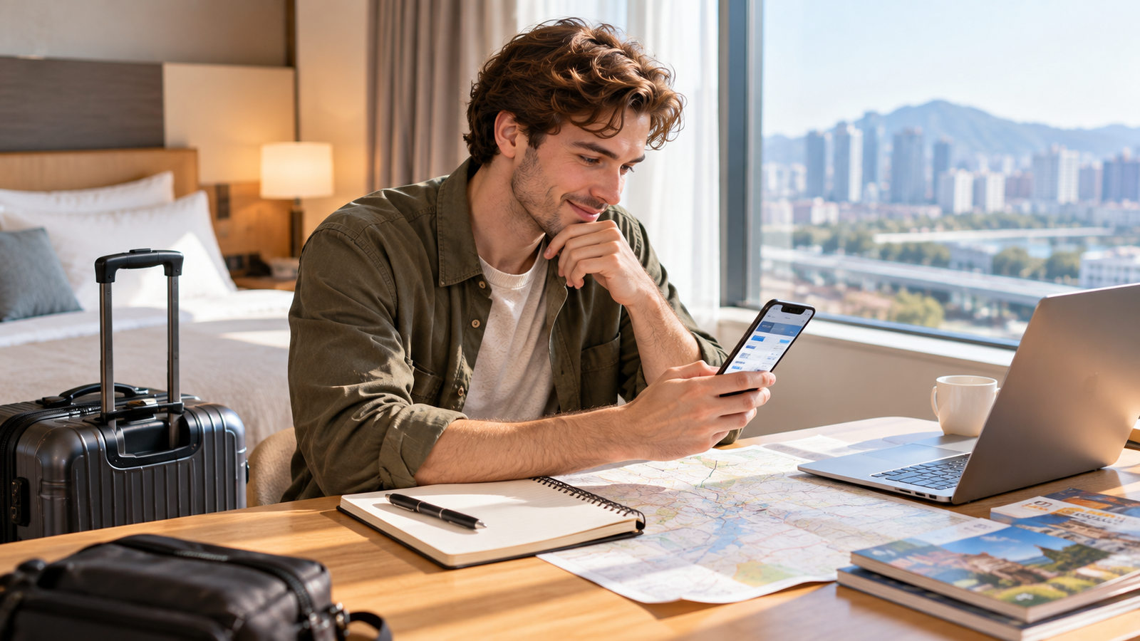 Traveler checking an intercity train booking on a smartphone before a Korean holiday journey.
