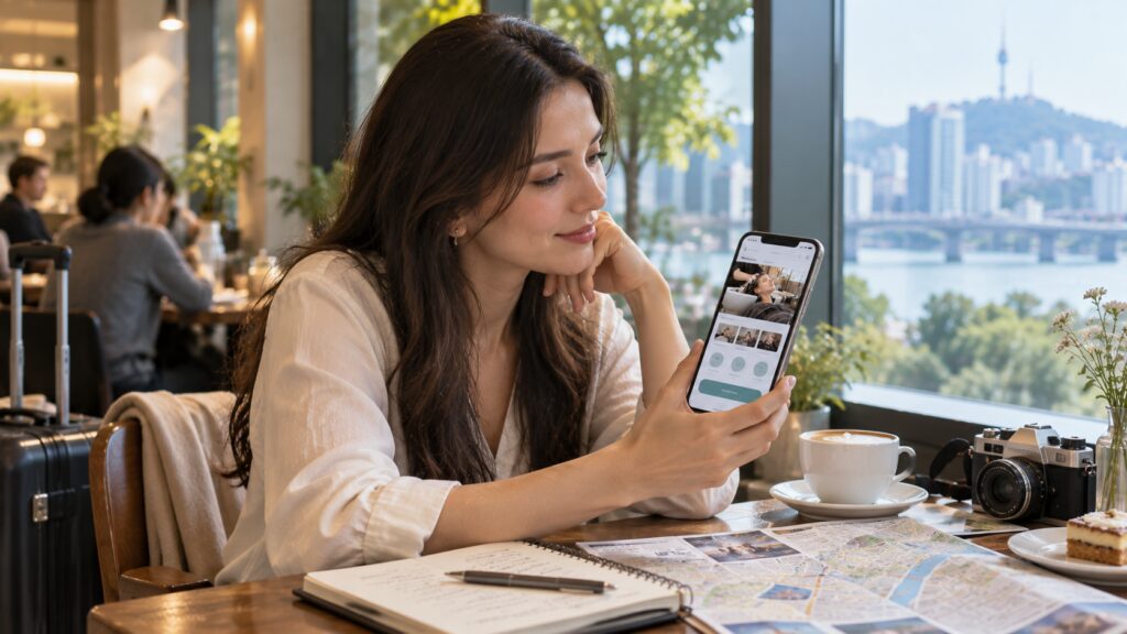 Traveler checking a Korean head spa booking before an appointment in Seoul