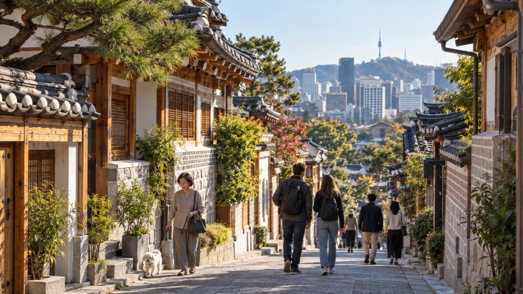 Traditional hanok homes in a lived-in Bukchon neighborhood in modern Seoul