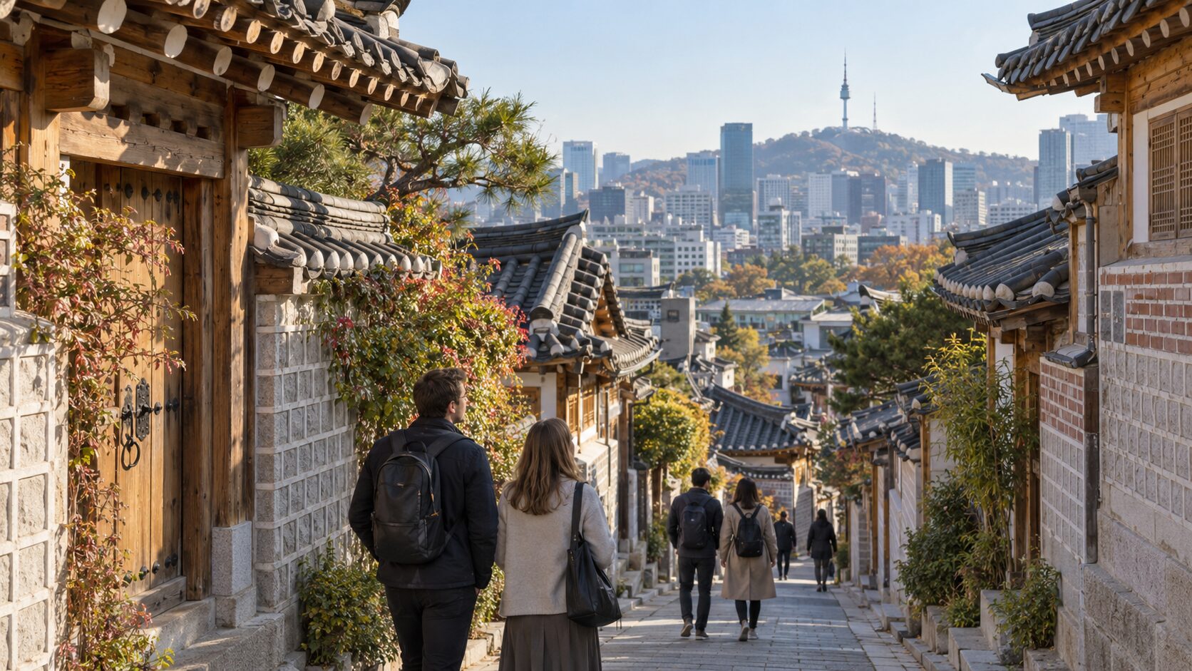 Traditional hanok rooftops and quiet alleys in Bukchon Hanok Village in Seoul