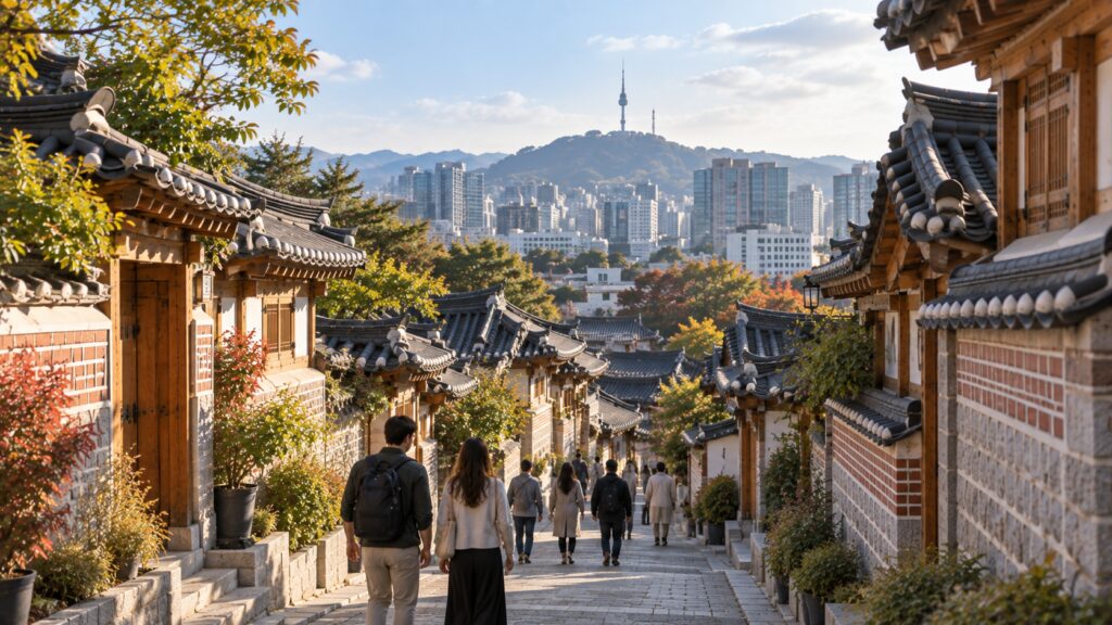 A peaceful Bukchon hanok neighborhood with modern Seoul visible beyond