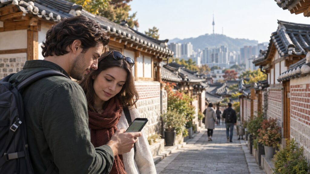 Travelers checking visitor information before exploring a residential alley in Bukchon