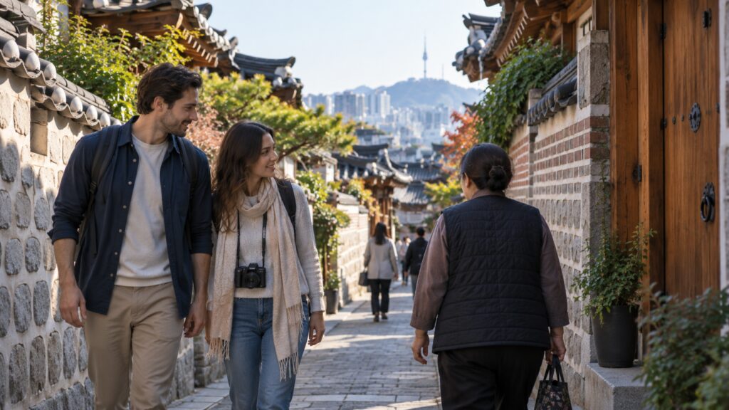 Visitors walking quietly and respectfully through a residential alley in Bukchon