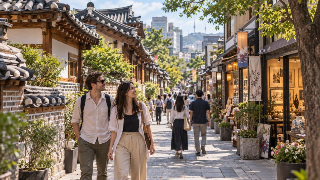 Travelers walking from a hanok neighborhood toward Insadong in central Seoul