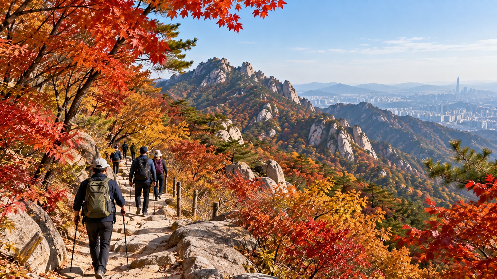 Hikers on Bukhansan surrounded by autumn foliage in Seoul