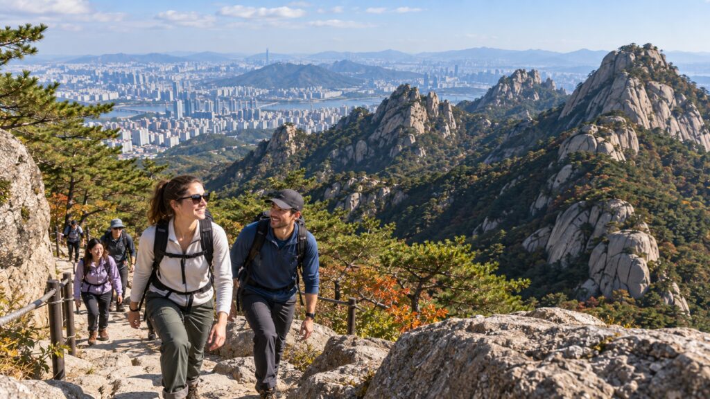 Hikers walking among granite peaks on Bukhansan in Seoul