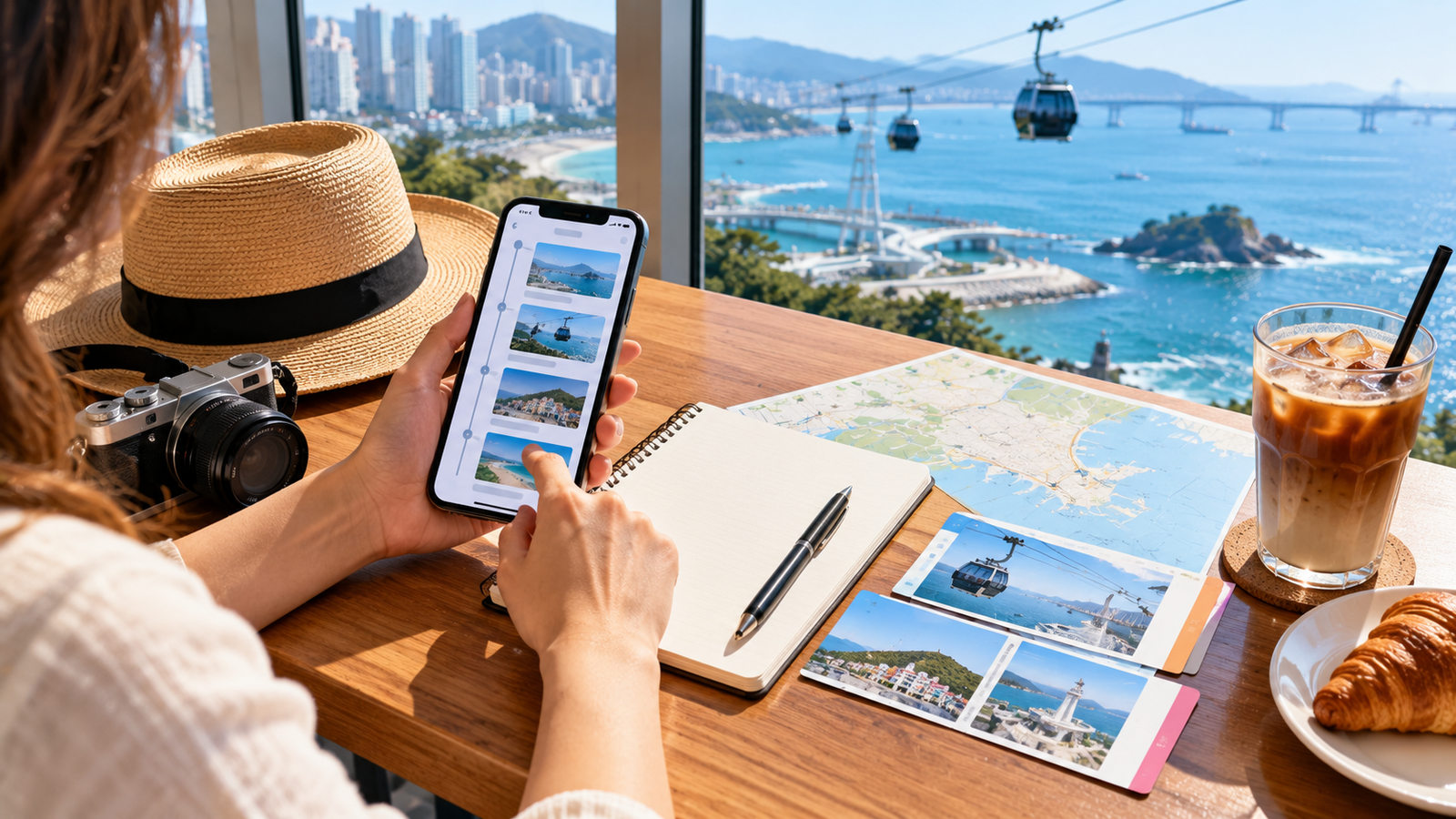 A traveler planning a Busan sightseeing itinerary with a notebook and smartphone