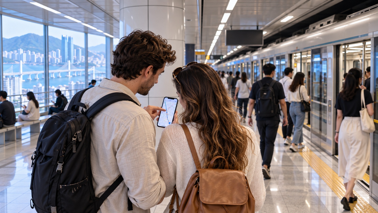 International travelers using the subway in Busan