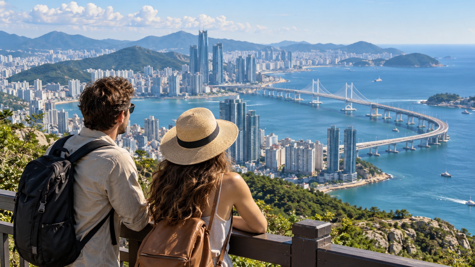International travelers overlooking Busan's coastal skyline and sea