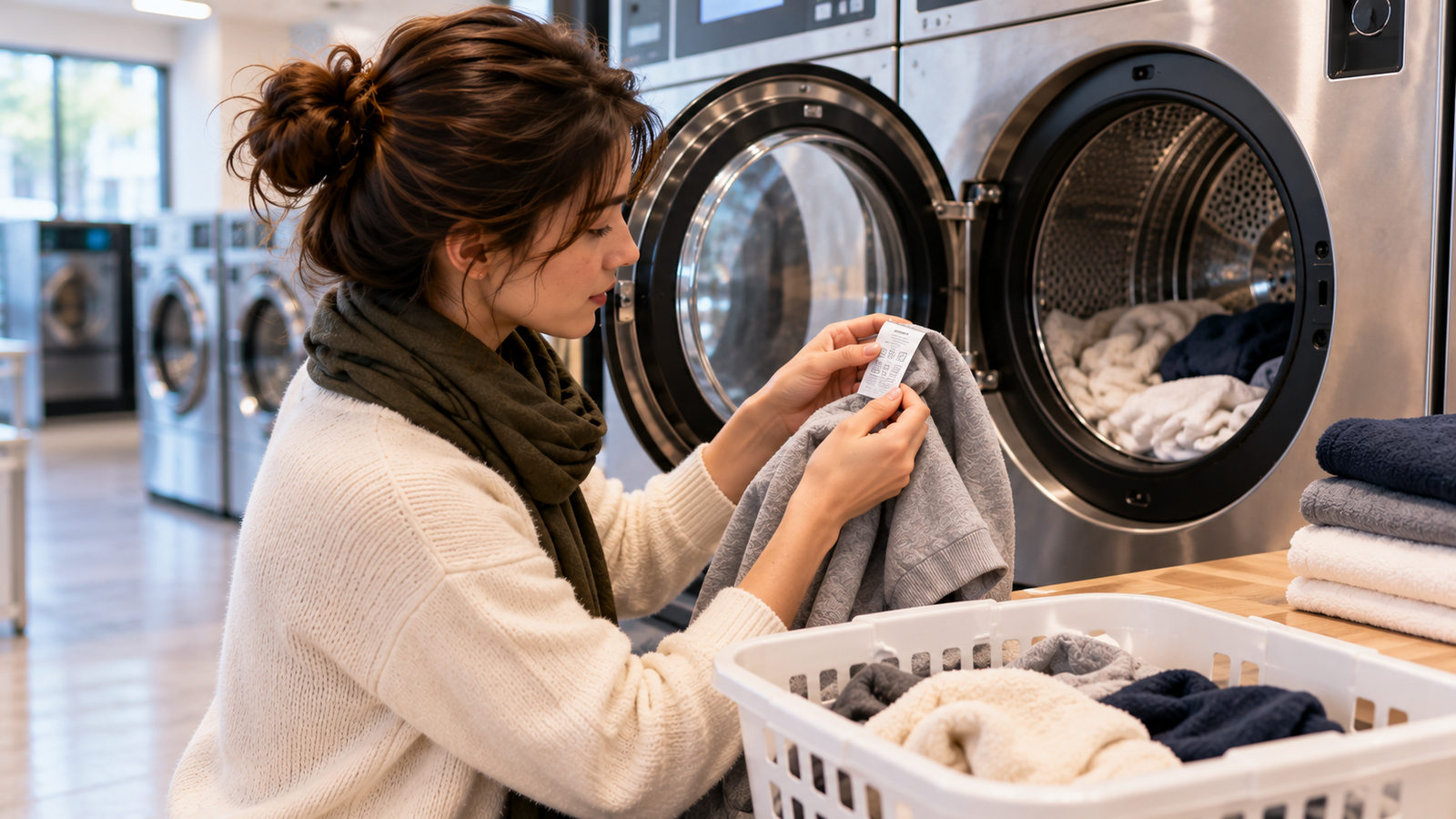 Traveler checking a clothing care label before using a laundromat dryer