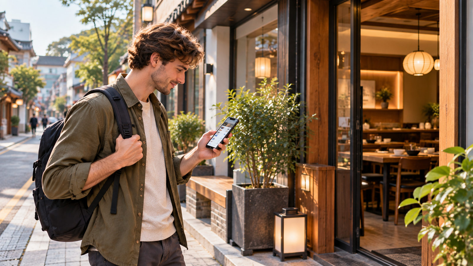 Traveler checking a Seoul restaurant's opening hours on a smartphone during a public holiday.