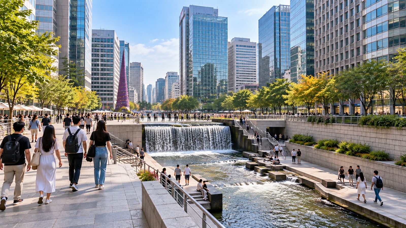 Cheonggye Plaza waterfall and visitors near the starting point of Cheonggyecheon Stream in Seoul.