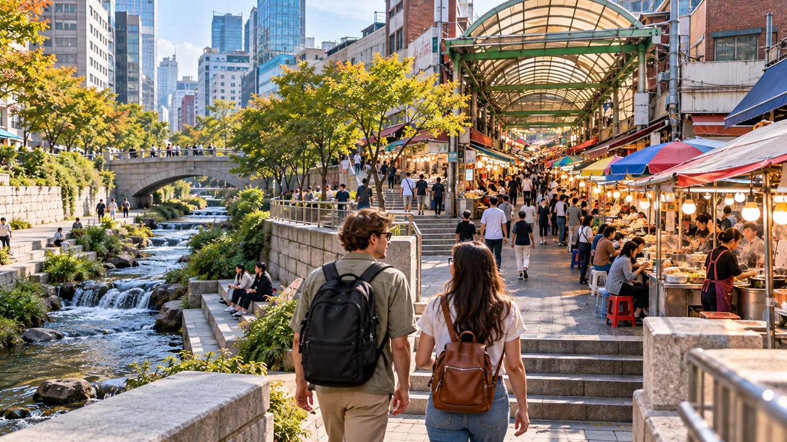 Travelers walking through central Seoul toward a traditional market after exploring an urban stream.