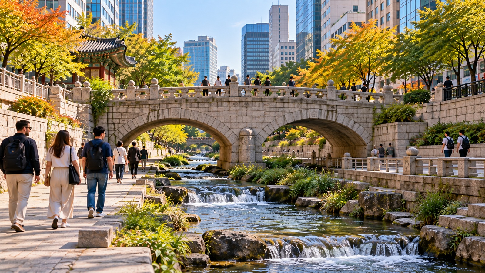 Stone bridge and pedestrian walking path along Cheonggyecheon Stream in central Seoul.