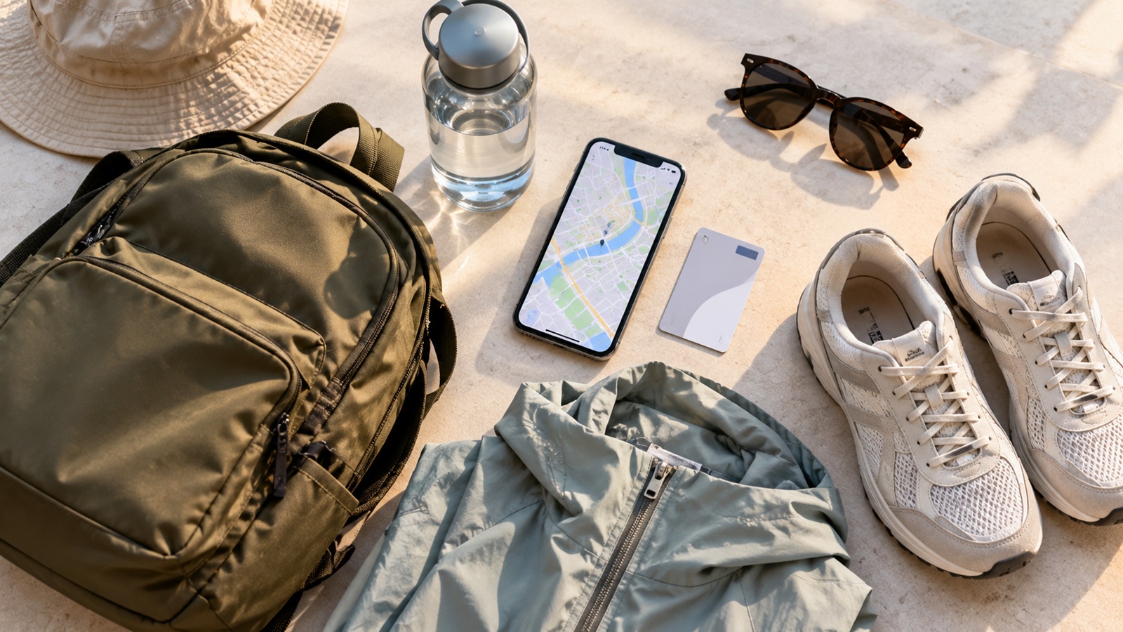 Comfortable shoes, water bottle, jacket and travel essentials for a walking tour in Seoul.