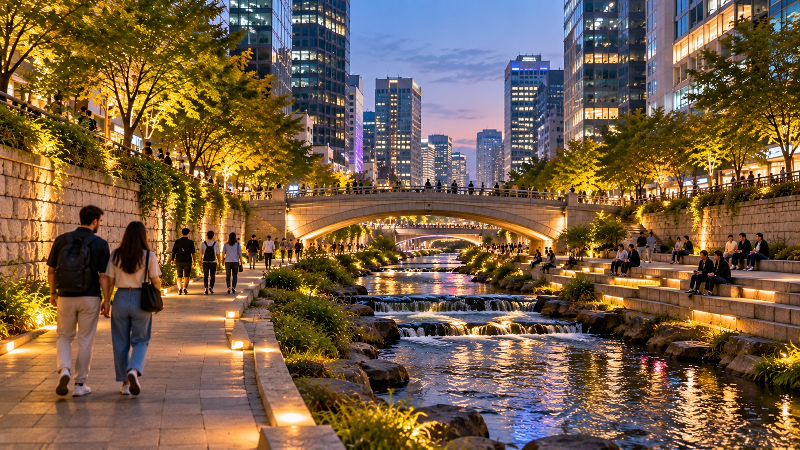 Illuminated bridges and city lights reflected in Cheonggyecheon Stream during an evening walk in Seoul.