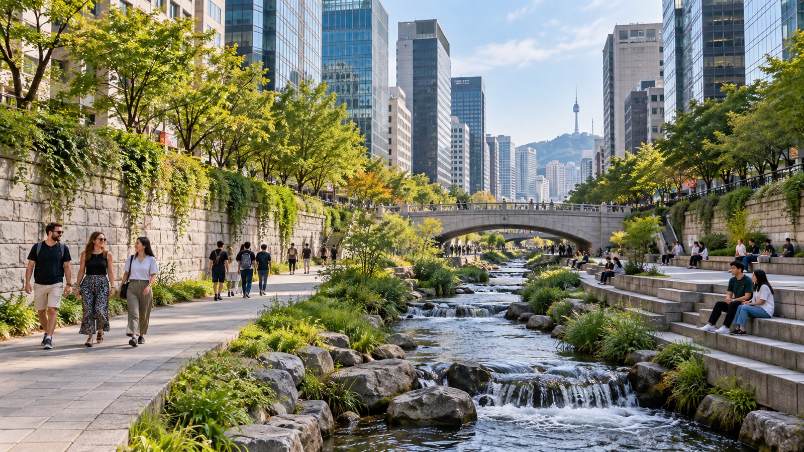 Cheonggyecheon Stream and pedestrian walkways beneath the modern skyline of central Seoul.