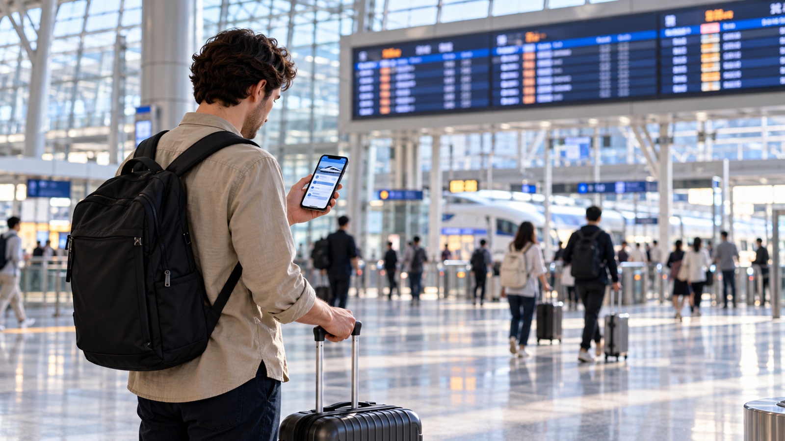 Traveler checking a train itinerary inside a modern railway station in Seoul.