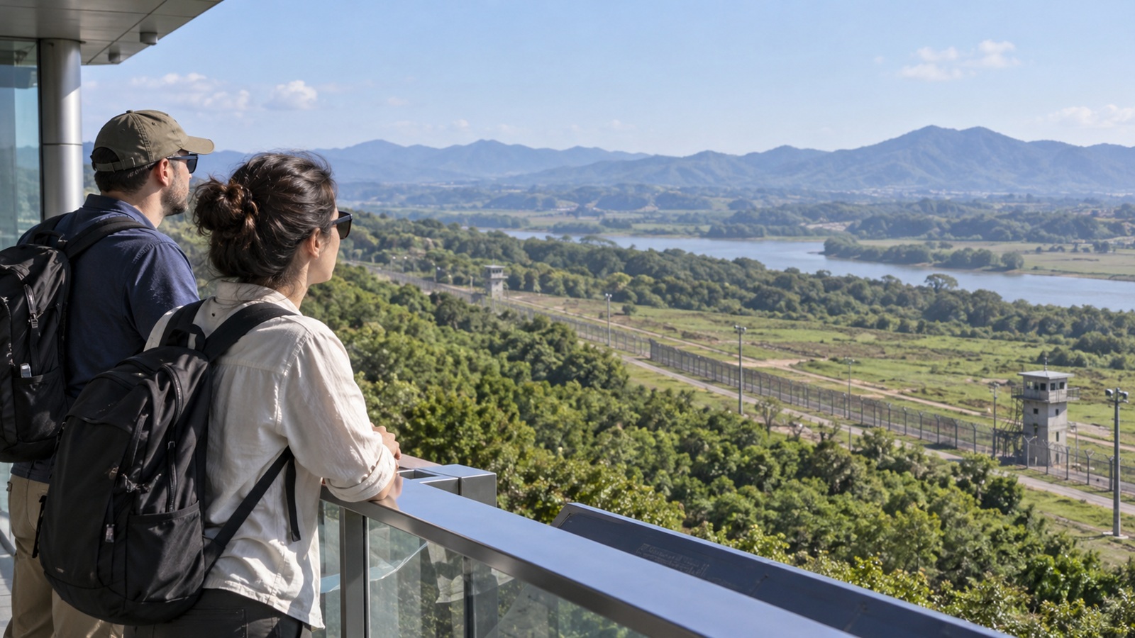 International travelers overlooking the Korean DMZ landscape near Paju