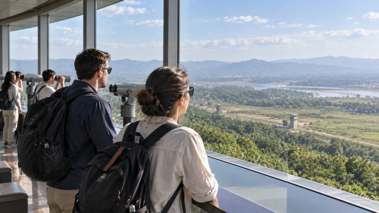 Travelers viewing the border landscape from a DMZ observatory in Paju
