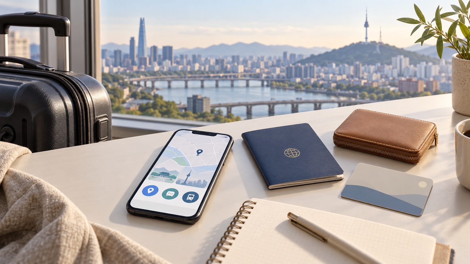 Traveler preparing a smartphone and travel essentials for a trip to South Korea
