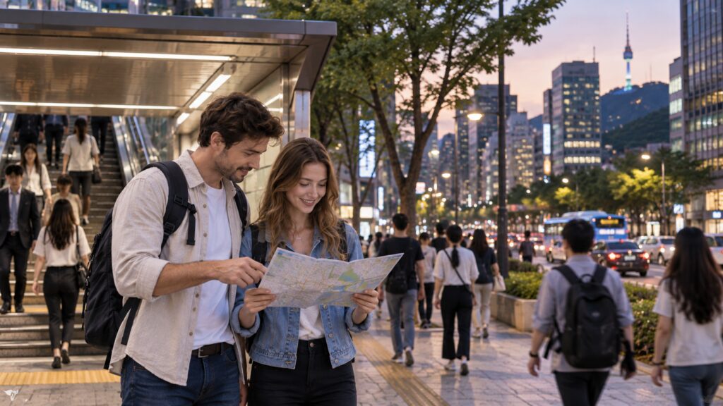International travelers exploring Seoul after leaving a subway station
