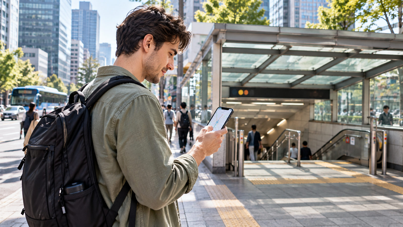 Traveler checking their location on a smartphone near a Seoul subway station