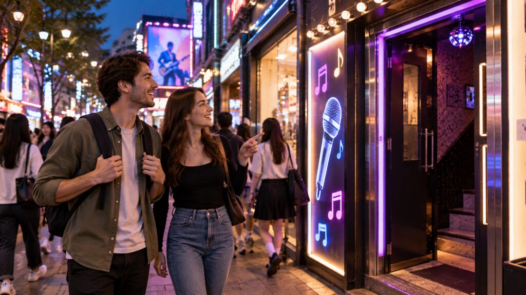 Travelers finding a noraebang while walking through a lively Seoul neighborhood