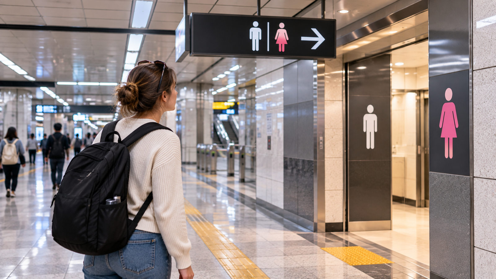 Traveler looking for a restroom in a modern Seoul subway station.