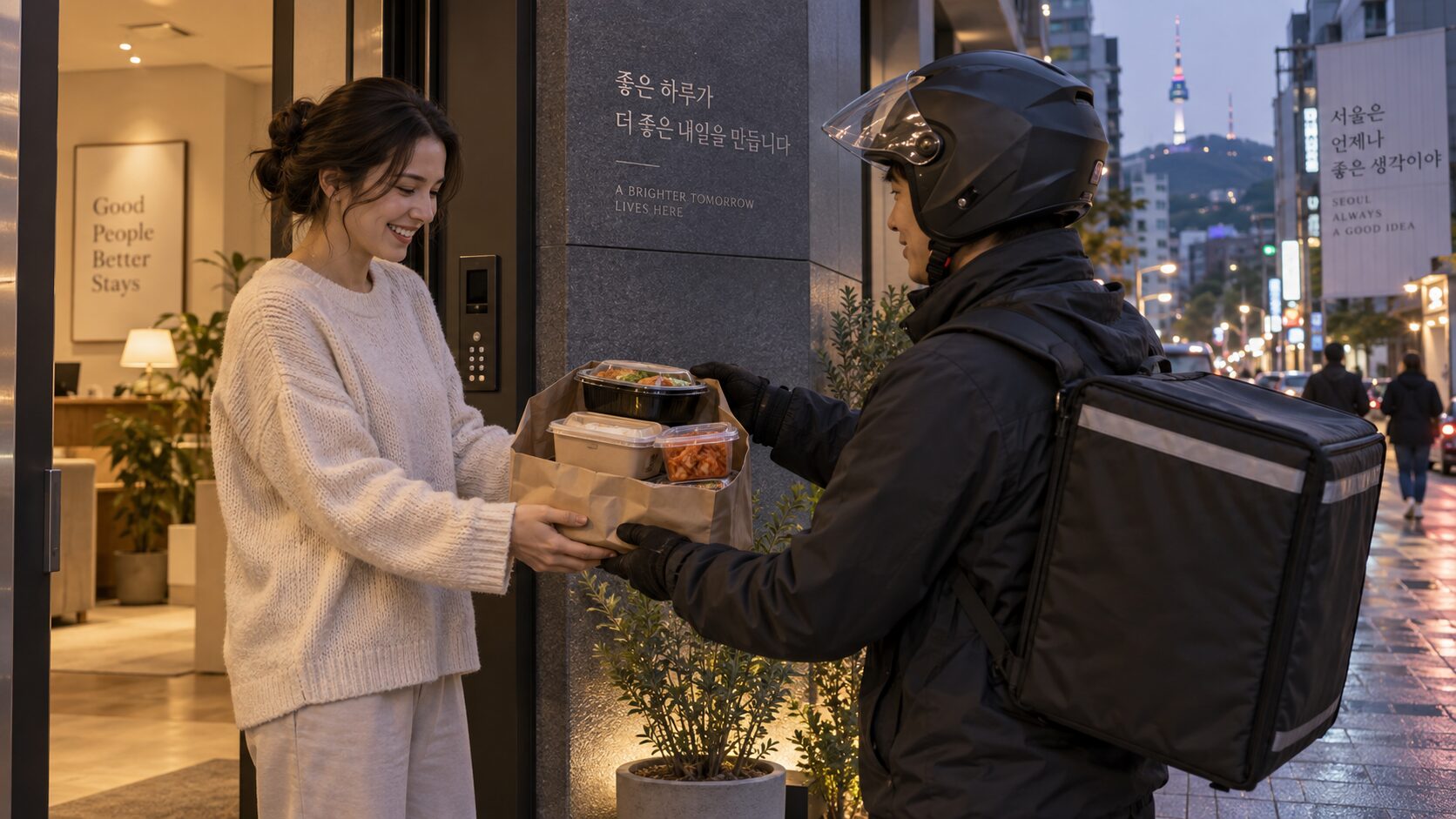International traveler receiving a food delivery in Seoul