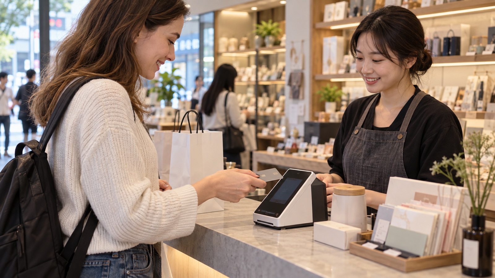 International traveler paying with a bank card at a shop in Seoul