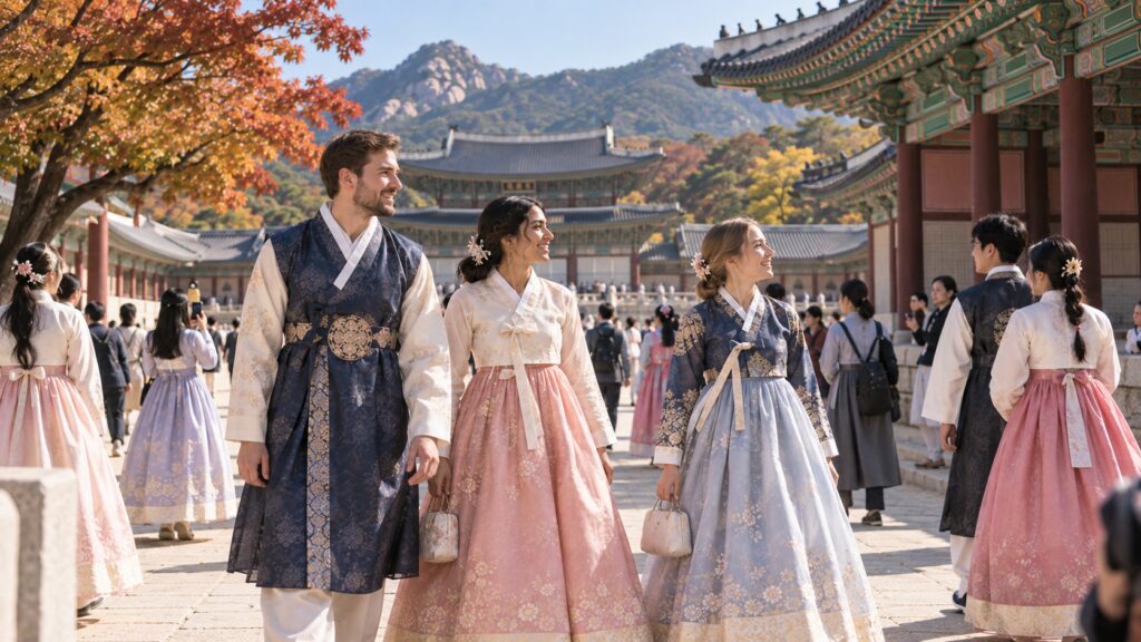 International visitors respectfully wearing hanbok at a Seoul palace