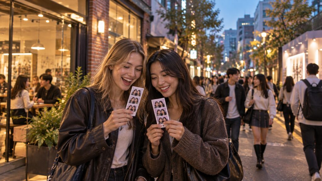Travelers looking at their printed four-cut photos while walking through Seoul