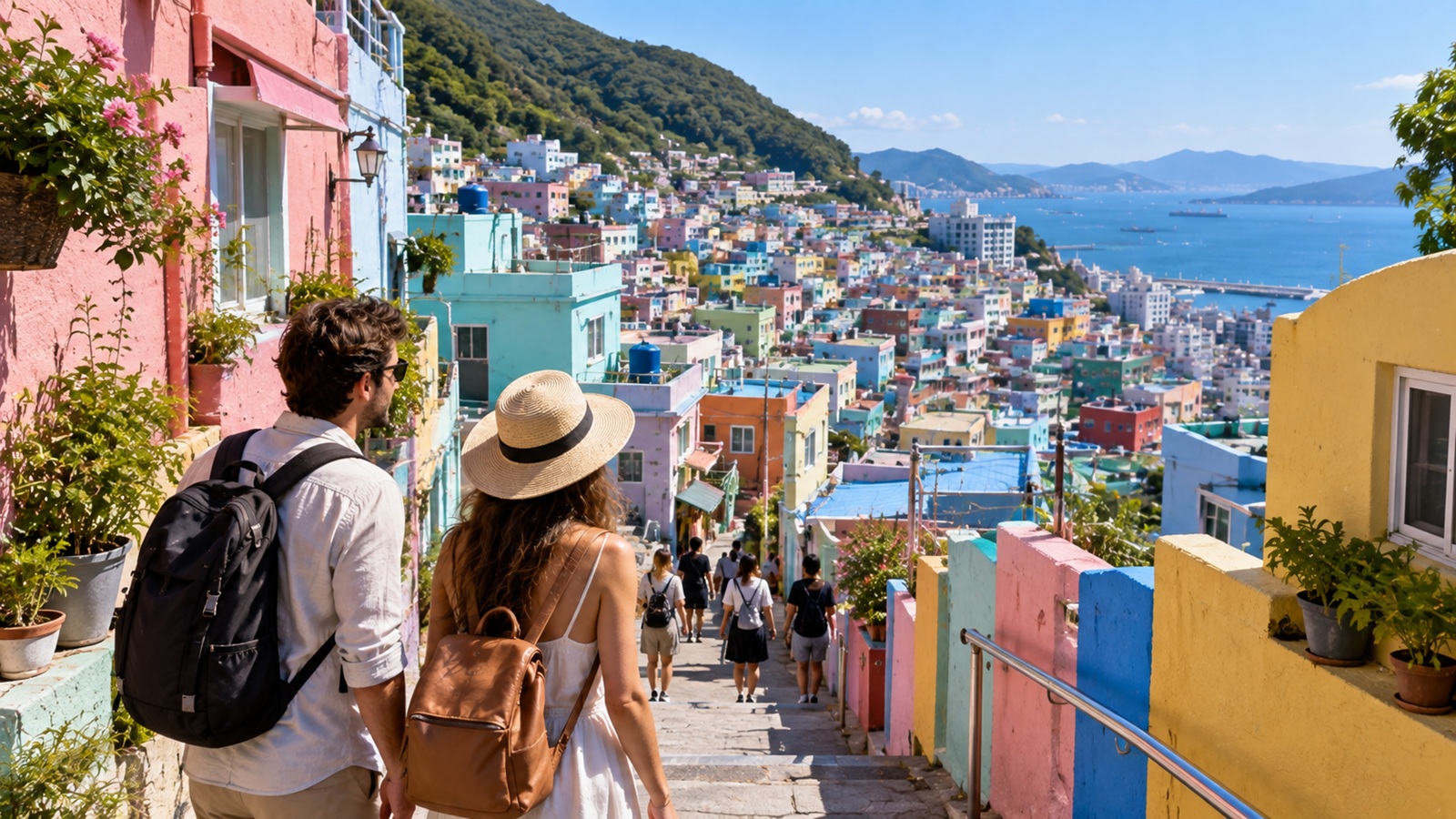 Travelers exploring a colorful hillside neighborhood in Busan