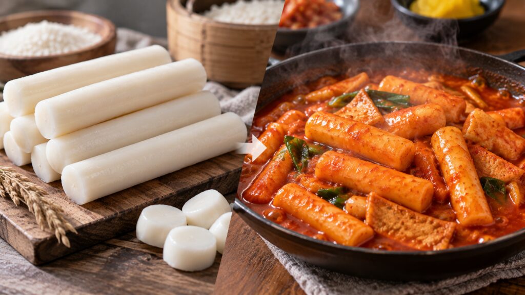 Fresh garaetteok beside spicy tteokbokki made with cylindrical Korean rice cakes