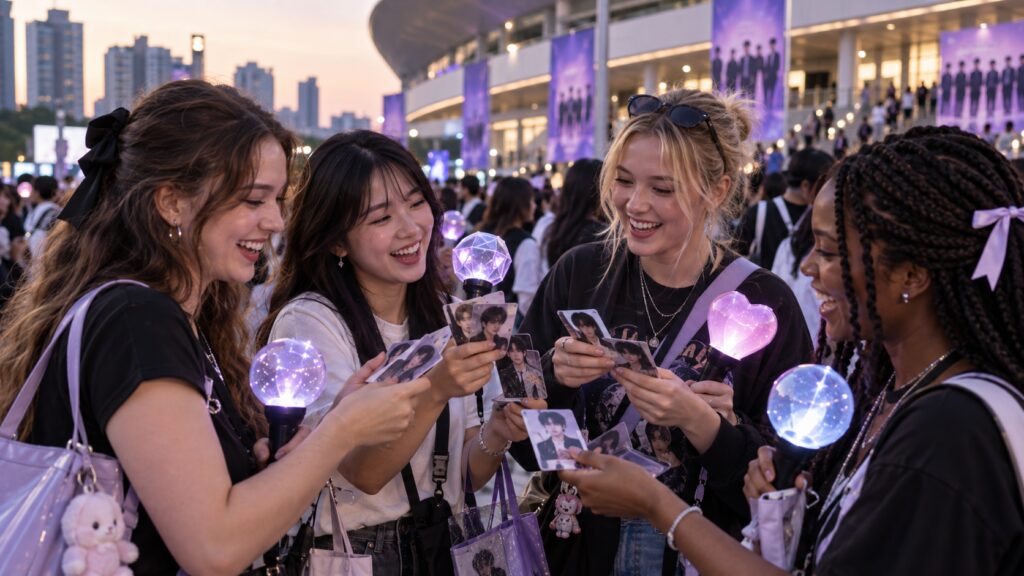 International K-pop fans exchanging photocards before a concert