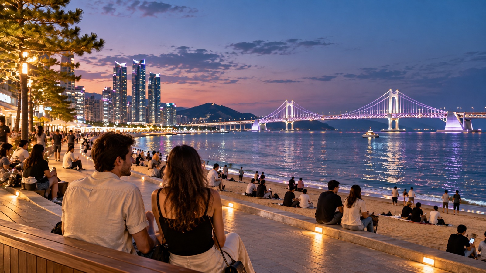 Evening view of Gwangalli Beach and the coastal bridge in Busan