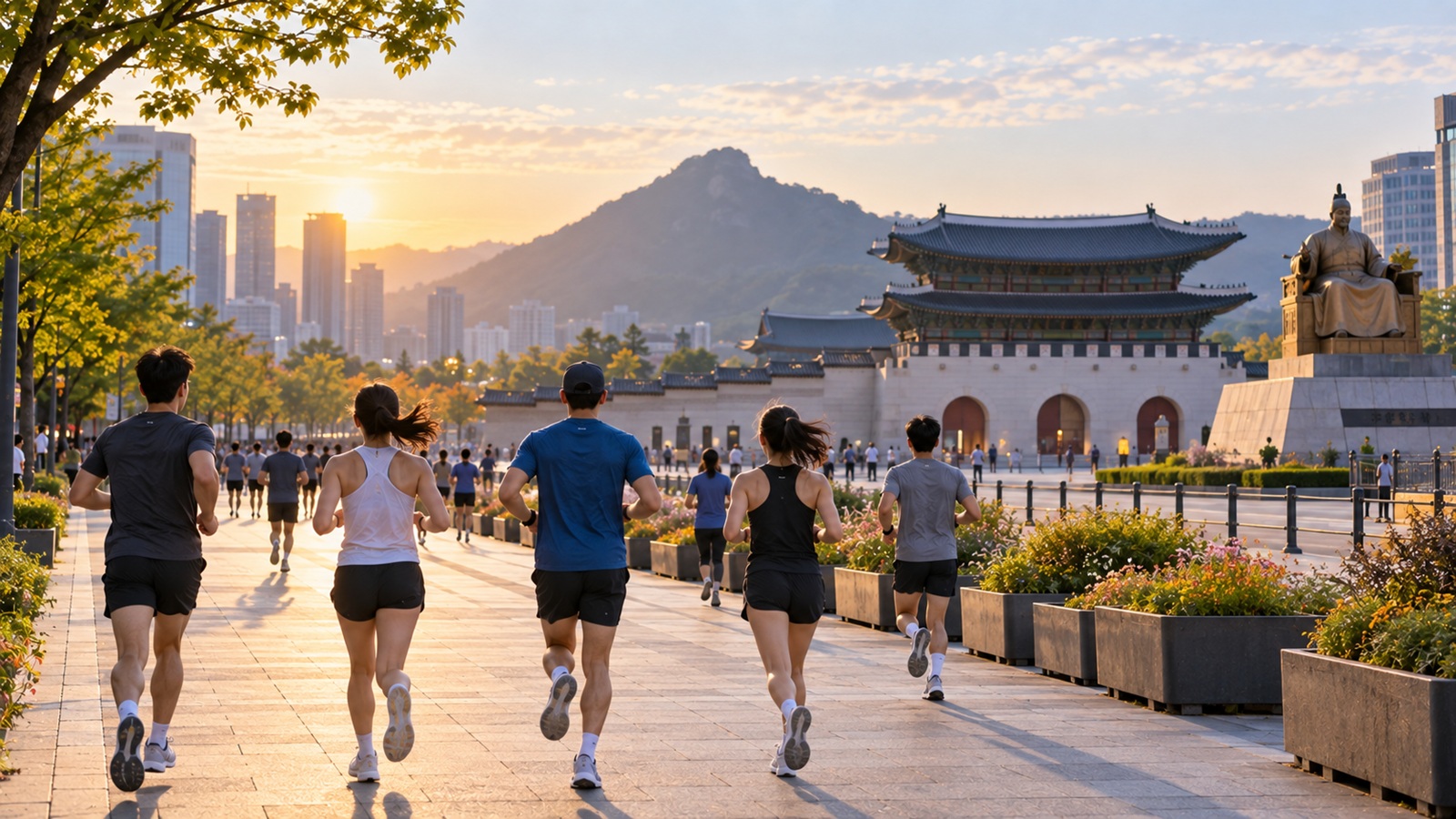 Morning runners in the Gwanghwamun area of central Seoul