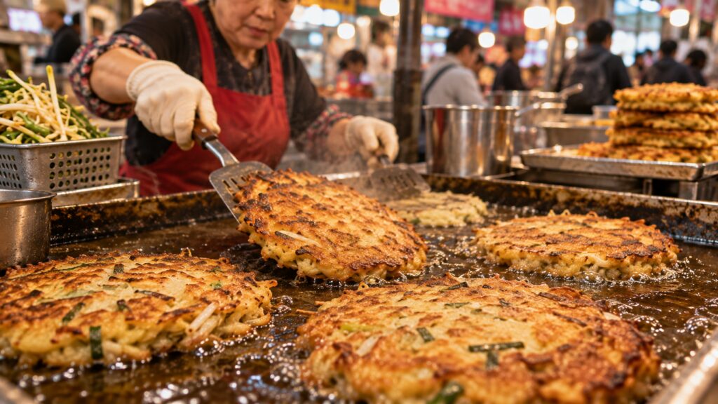 Fresh bindaetteok mung bean pancakes cooking on a market griddle
