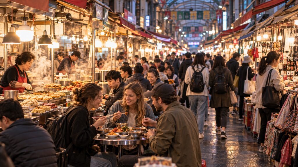 Evening atmosphere with locals and travelers at a traditional market in Seoul