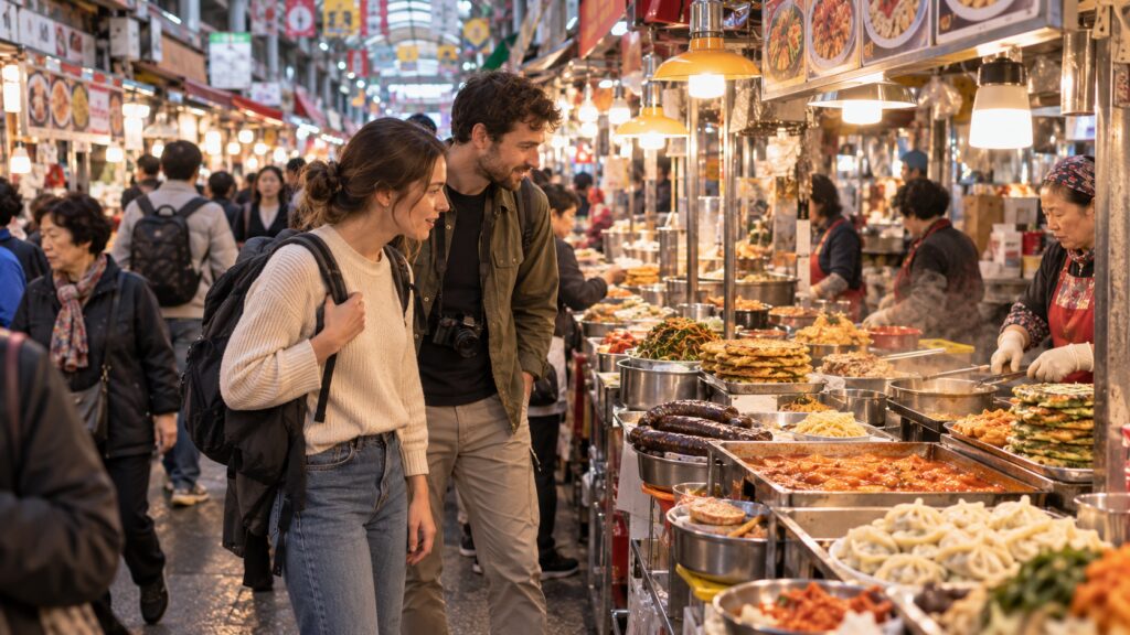 First-time visitors looking around food stalls at a traditional market in Seoul