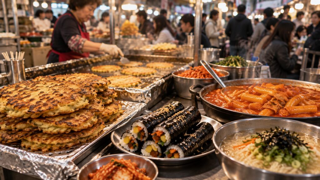 Bindaetteok, gimbap, tteokbokki and noodles at a Seoul traditional market